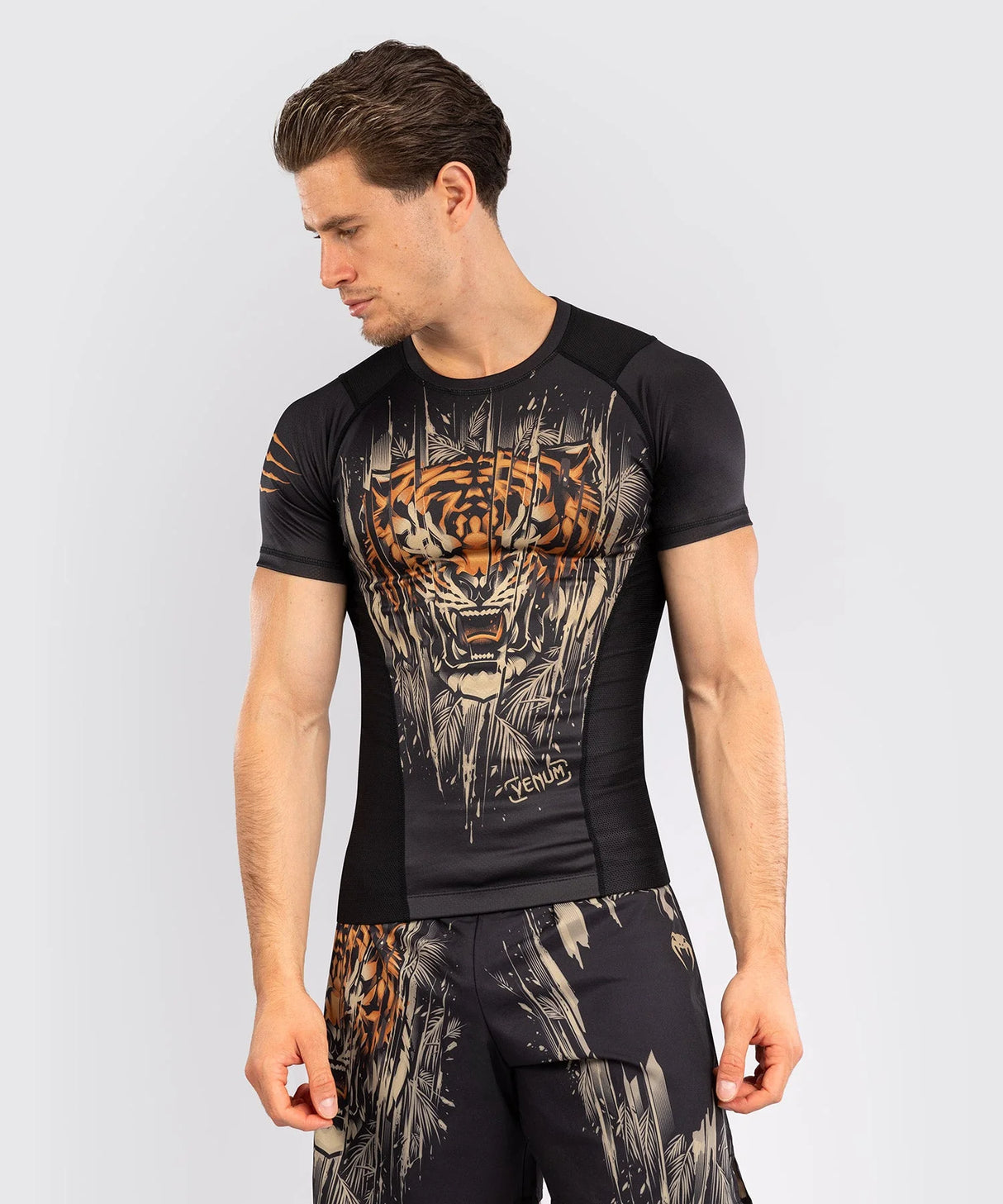 Venum Tiger Men's Short Sleeve Rash Guard - Black/Neon Orange