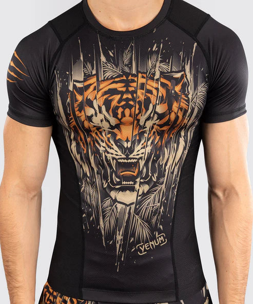 Venum Tiger Men's Short Sleeve Rash Guard - Black/Neon Orange