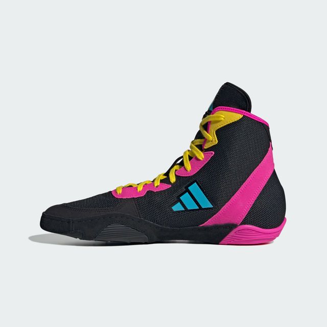 Black Adidas sneaker with pink and yellow accents on a white background