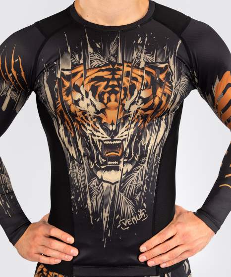 Venum Tiger Men's Long Sleeve Rash Guard - Black/Neon Orange