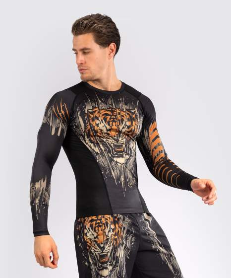 Venum Tiger Men's Long Sleeve Rash Guard - Black/Neon Orange