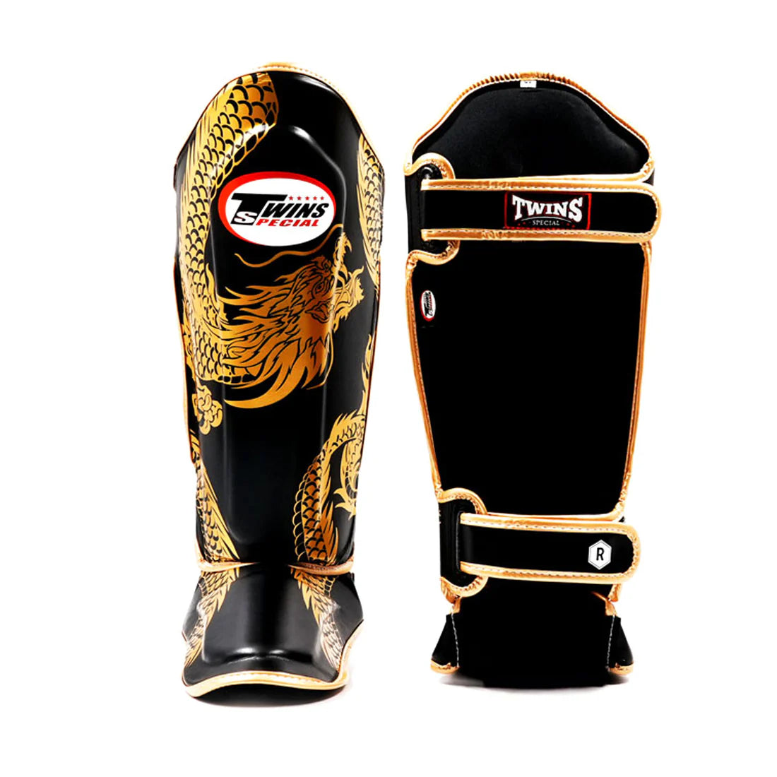 Twins Special Dragon Leather Shin Guards - Black/Gold