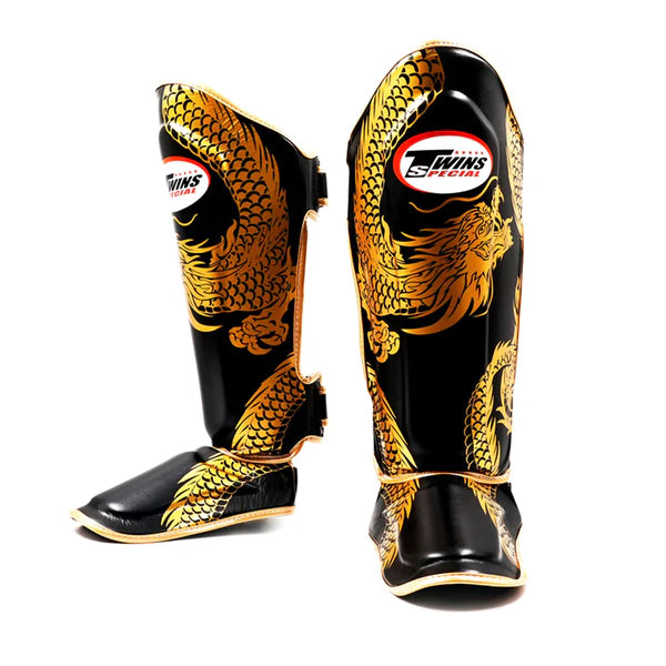 Twins Special Dragon Leather Shin Guards - Black/Gold