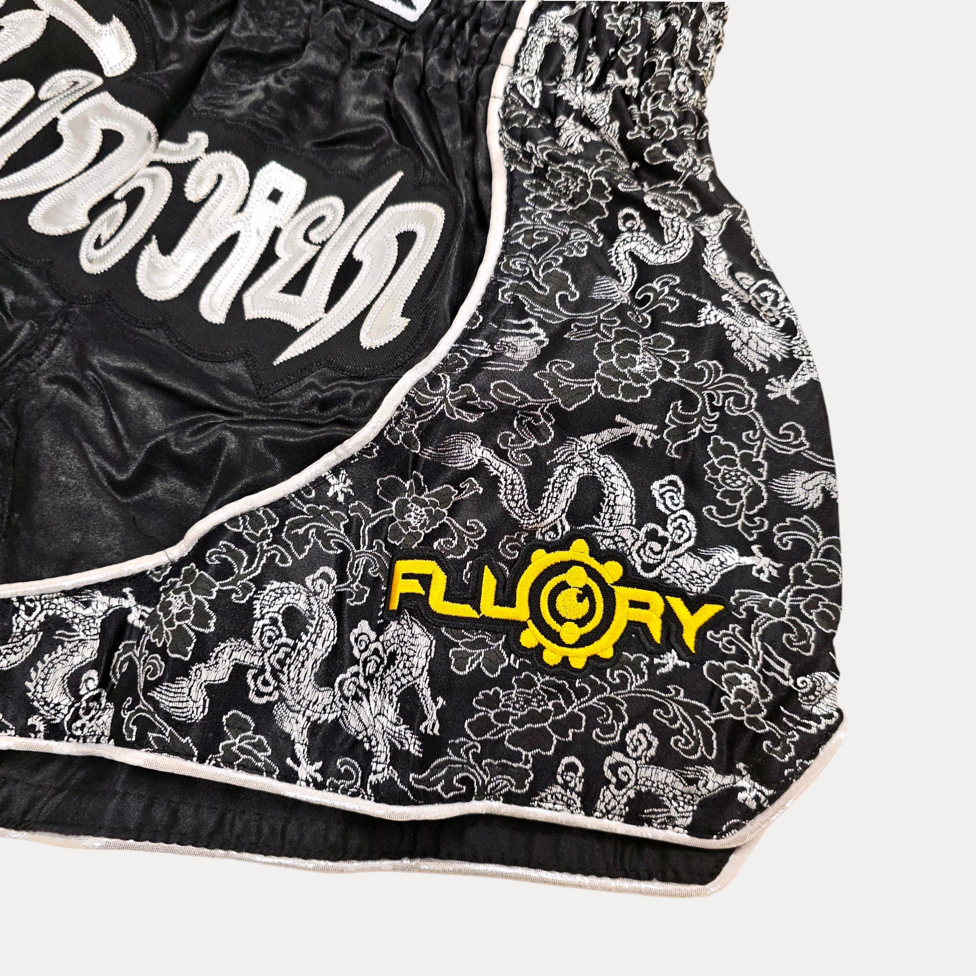 Fluory Silver Leaf Adult Muay Thai Shorts  Fight Co
