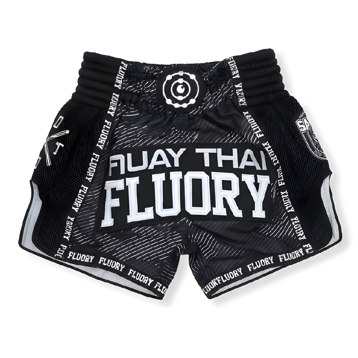 Black Muay Thai shorts with white text on a white background