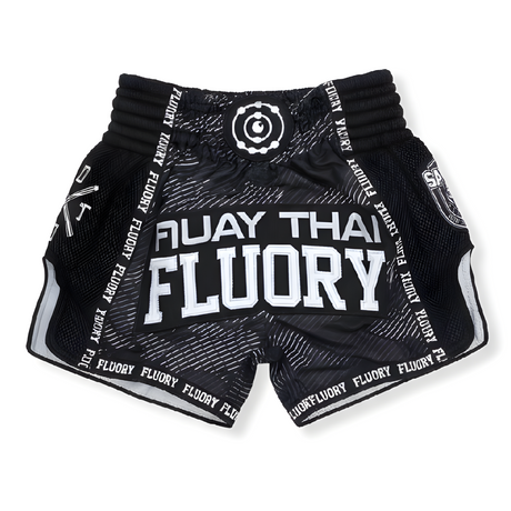 Black Muay Thai shorts with white text on a white background