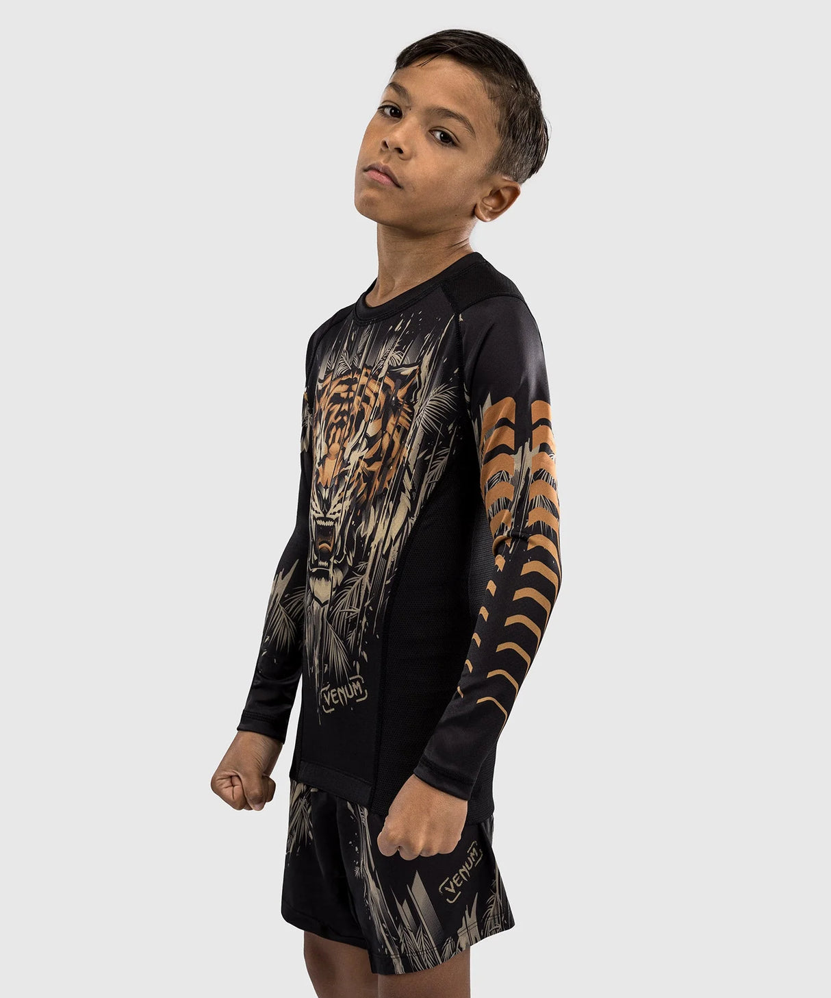 Venum Tiger Kids Long Sleeve Rash Guard - Black/Neon Orange