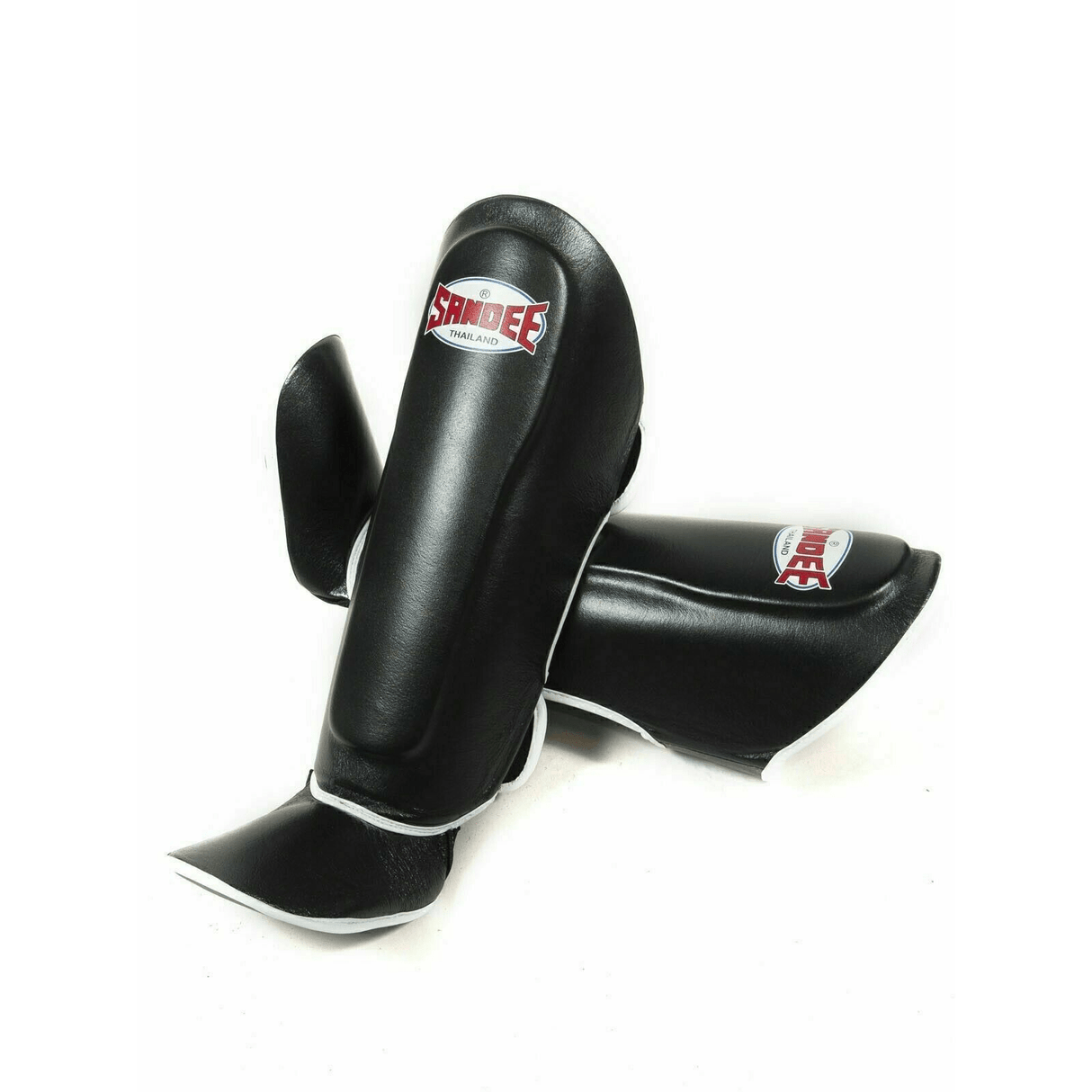 Sandee Shin Guards Muay Thai Boxing Authentic Leather - Black White  Fight Co