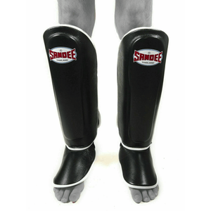 Sandee Shin Guards Muay Thai Boxing Authentic Leather - Black White  Fight Co