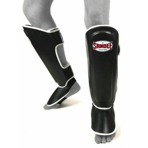 Sandee Shin Guards Muay Thai Boxing Authentic Leather - Black White  Fight Co