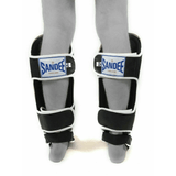 Sandee Shin Guards Muay Thai Boxing Authentic Leather - Black White  Fight Co