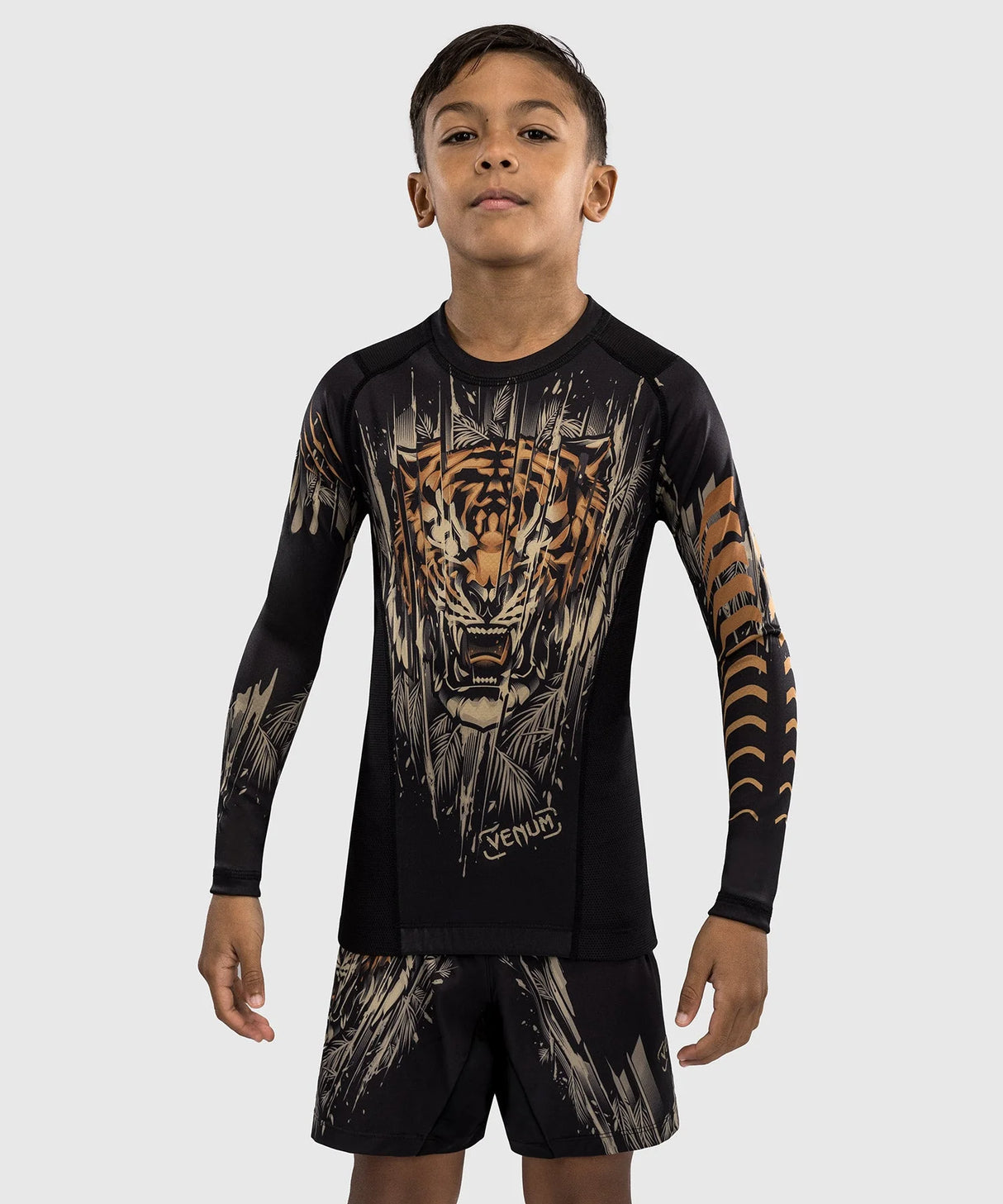 Venum Tiger Kids Long Sleeve Rash Guard - Black/Neon Orange