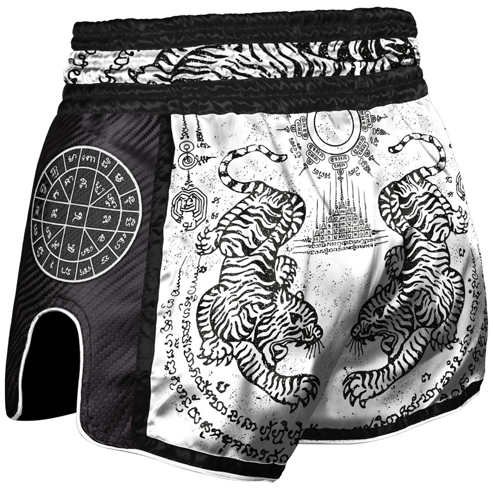 8 WEAPONS Carbon Sak Yant Tigers Muay Thai Shorts 8 WEAPONS