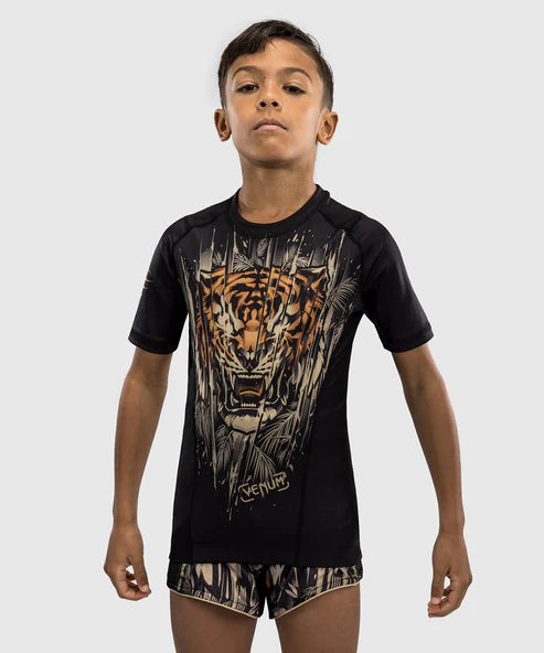 Venum Tiger Kids Short Sleeve Rash Guard - Black/Neon Orange