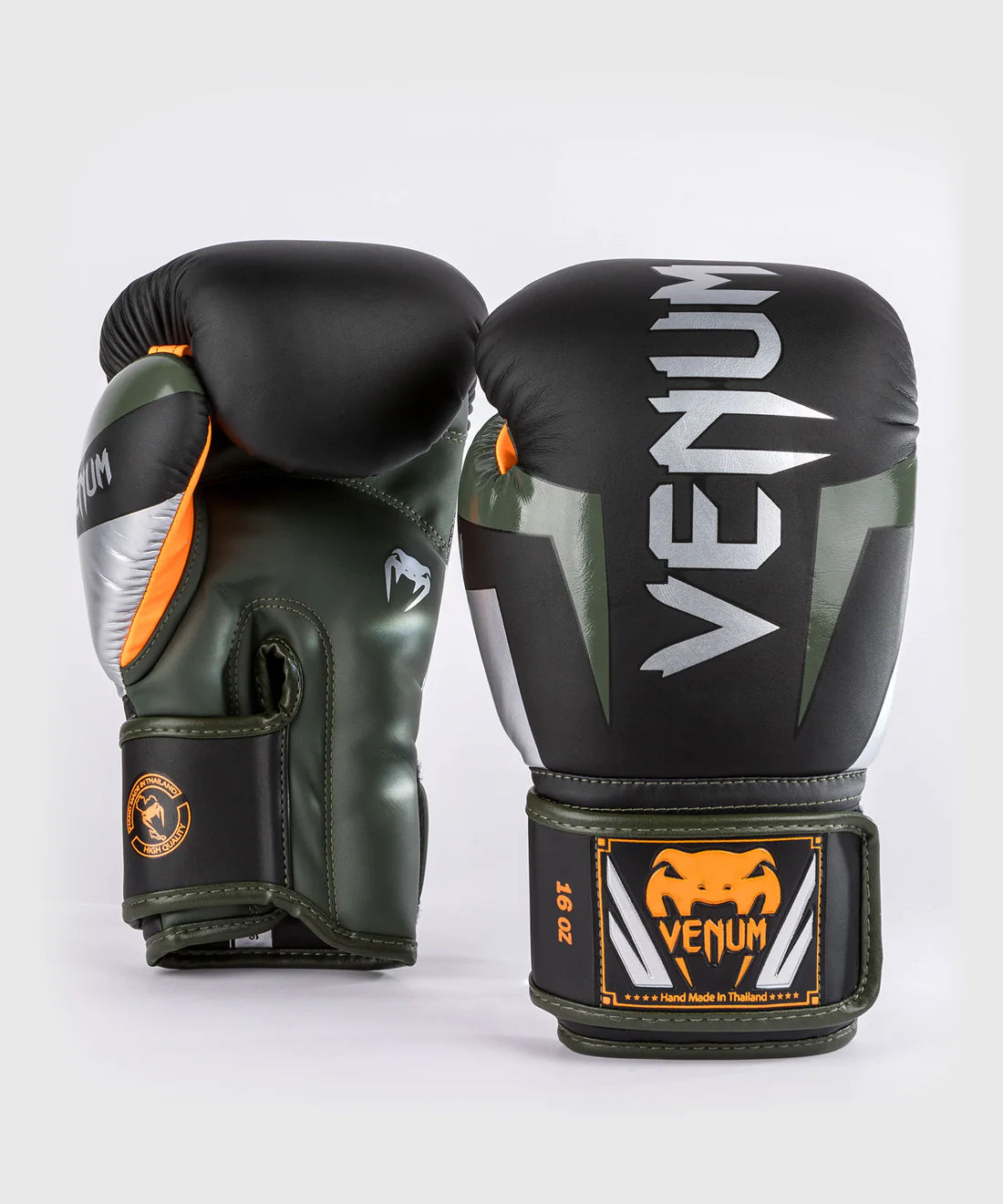 Venum Elite Boxing Gloves Black-Silver-Khaki-16oz Fight Co