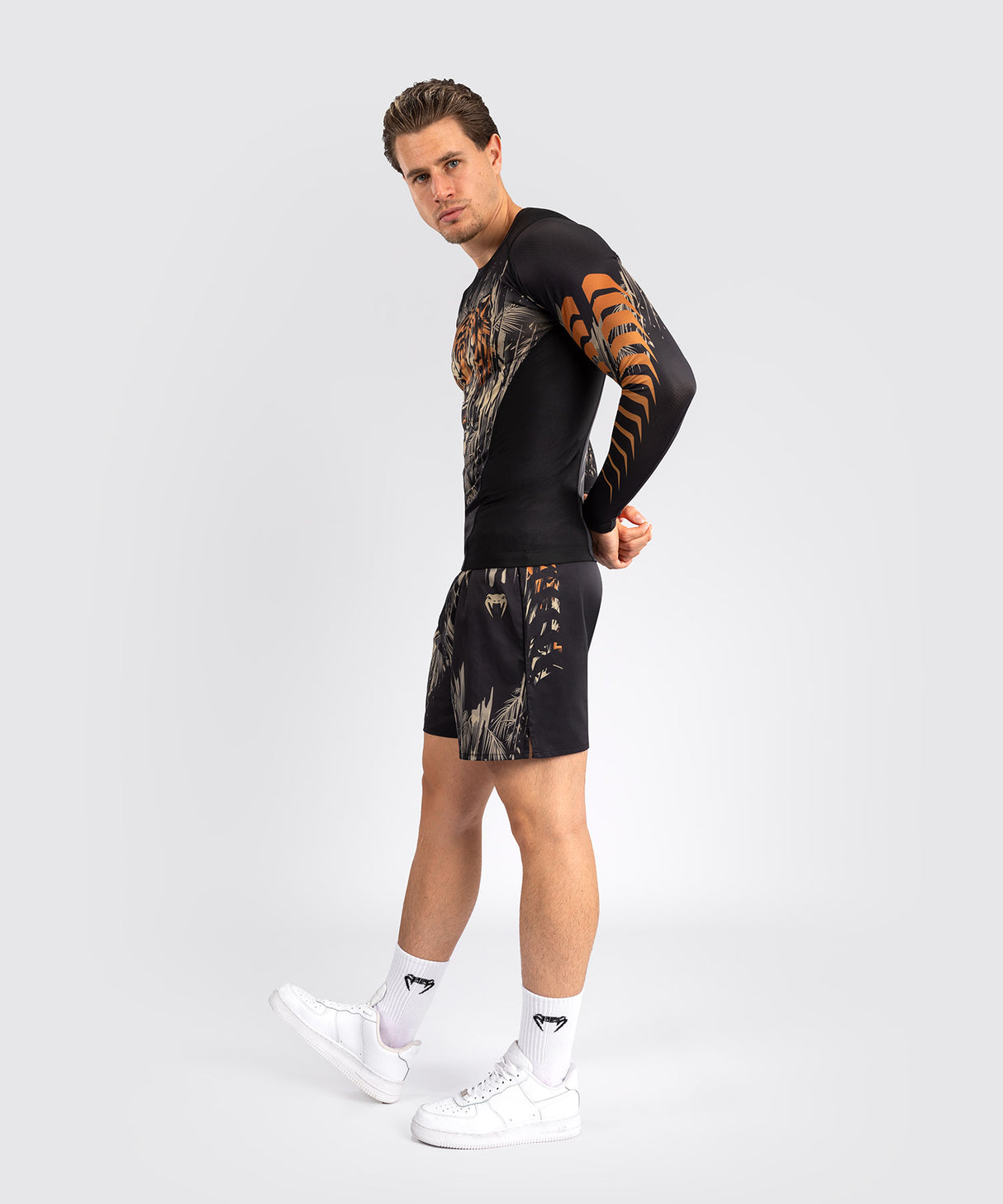 Venum Tiger Men's Long Sleeve Rash Guard - Black/Neon Orange
