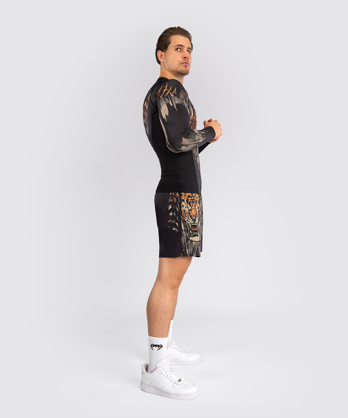 Venum Tiger Men's Long Sleeve Rash Guard - Black/Neon Orange