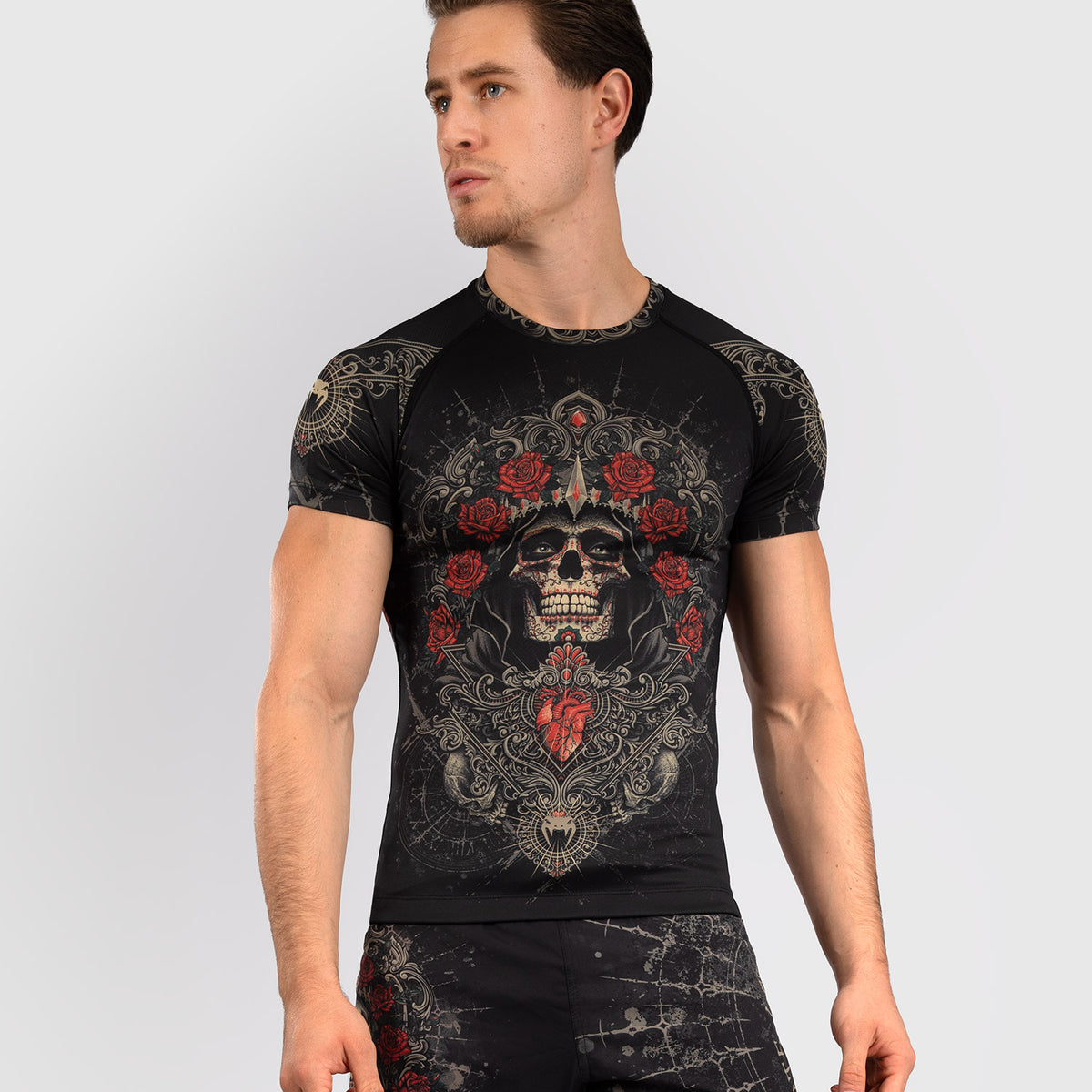 Venum Santa Muerte 5.0 Men’s Short Sleeve Rash Guard - Deep Black/Gold ...