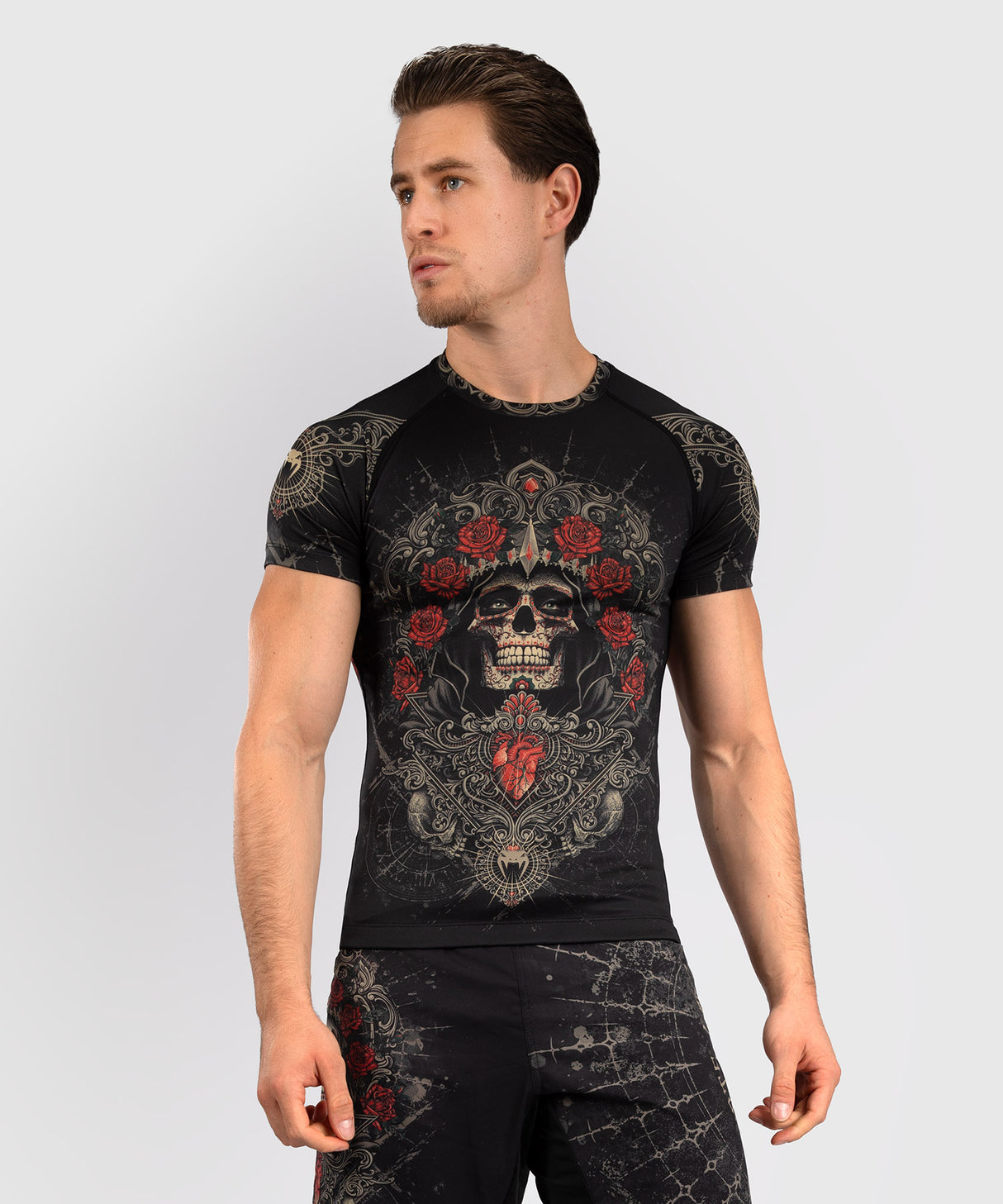 Venum Santa Muerte 5.0 Men’s Short Sleeve Rash Guard - Deep Black/Gold