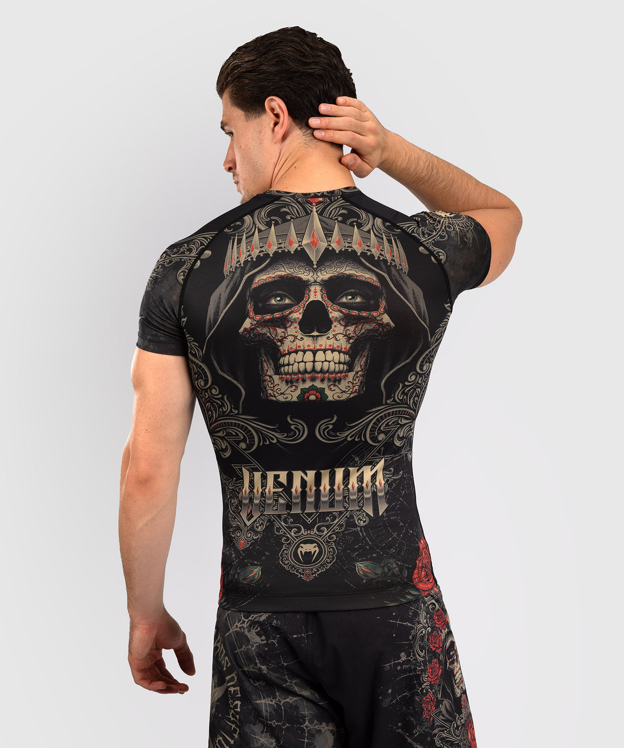 Venum Santa Muerte 5.0 Men’s Short Sleeve Rash Guard - Deep Black/Gold