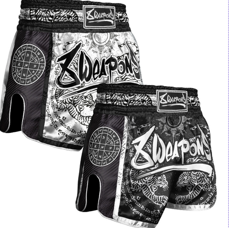 8 WEAPONS Carbon Sak Yant Tigers Muay Thai Shorts 8 WEAPONS