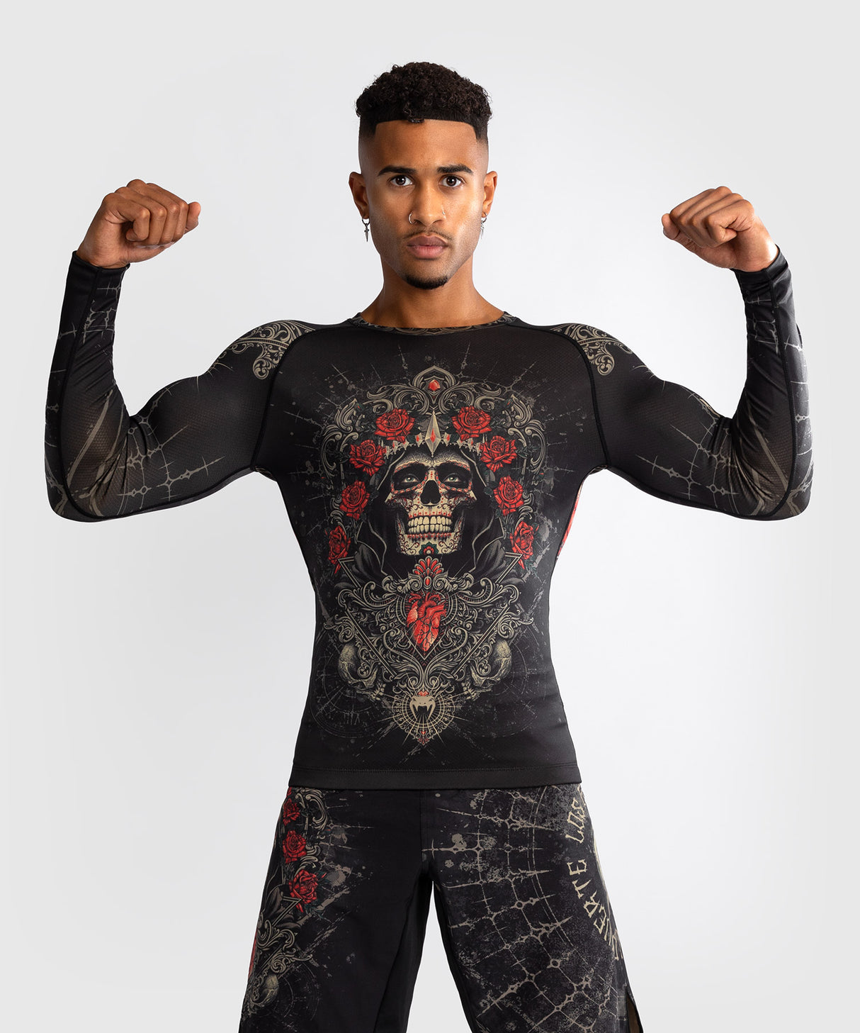 Venum Santa Muerte 5.0 Men’s Long Sleeve Rash Guard - Deep Black/Gold