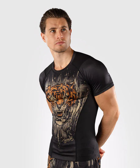 Venum Tiger Men's Short Sleeve Rash Guard - Black/Neon Orange
