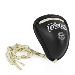 Fairtex metal groin guard with white laces on a white background