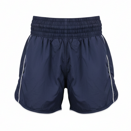 Navy blue athletic shorts with a white stripe on a white background