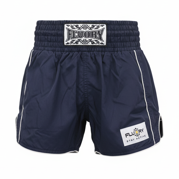 Navy blue boxing shorts with 'Ecoway' branding on a white background