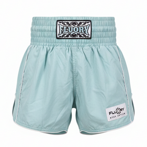 Light blue boxing shorts with brand logos on a white background