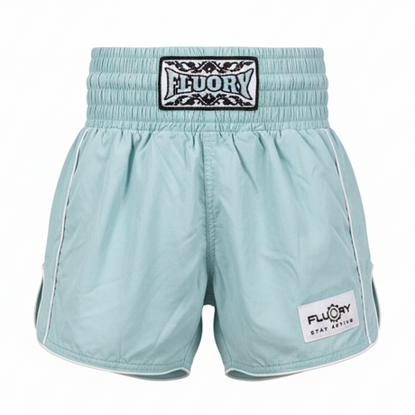 Light blue boxing shorts with brand logos on a white background