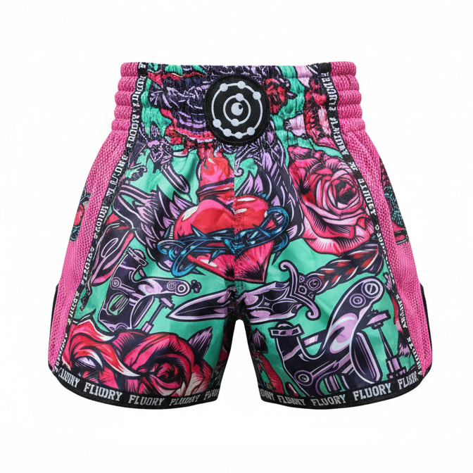 Colorful shorts with a floral and abstract design on a white background