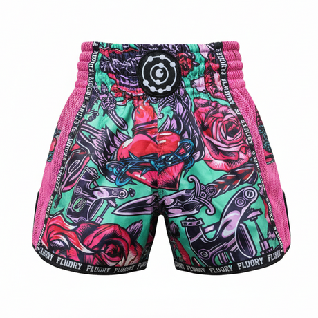 Colorful shorts with a floral and abstract design on a white background